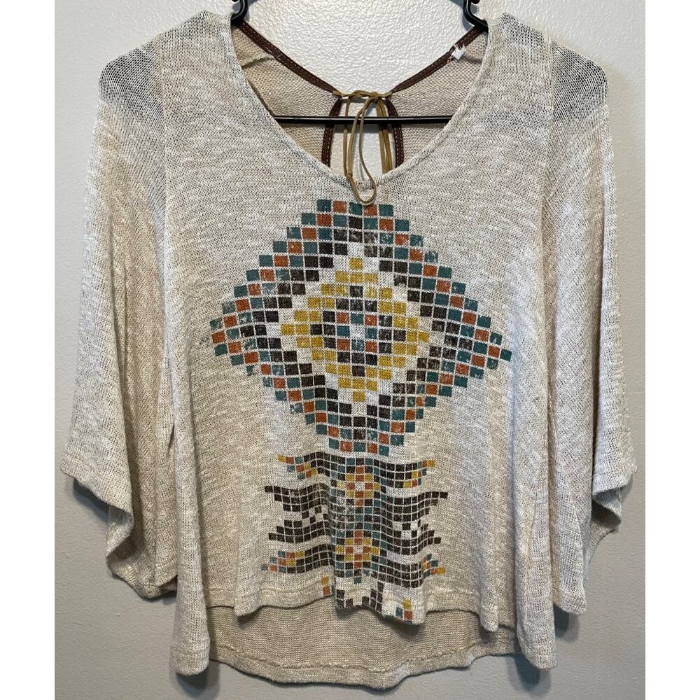 Papaya Boho Knit Sheer Aztec Top w/ Tie Back & Flowy Sleeves | Size S